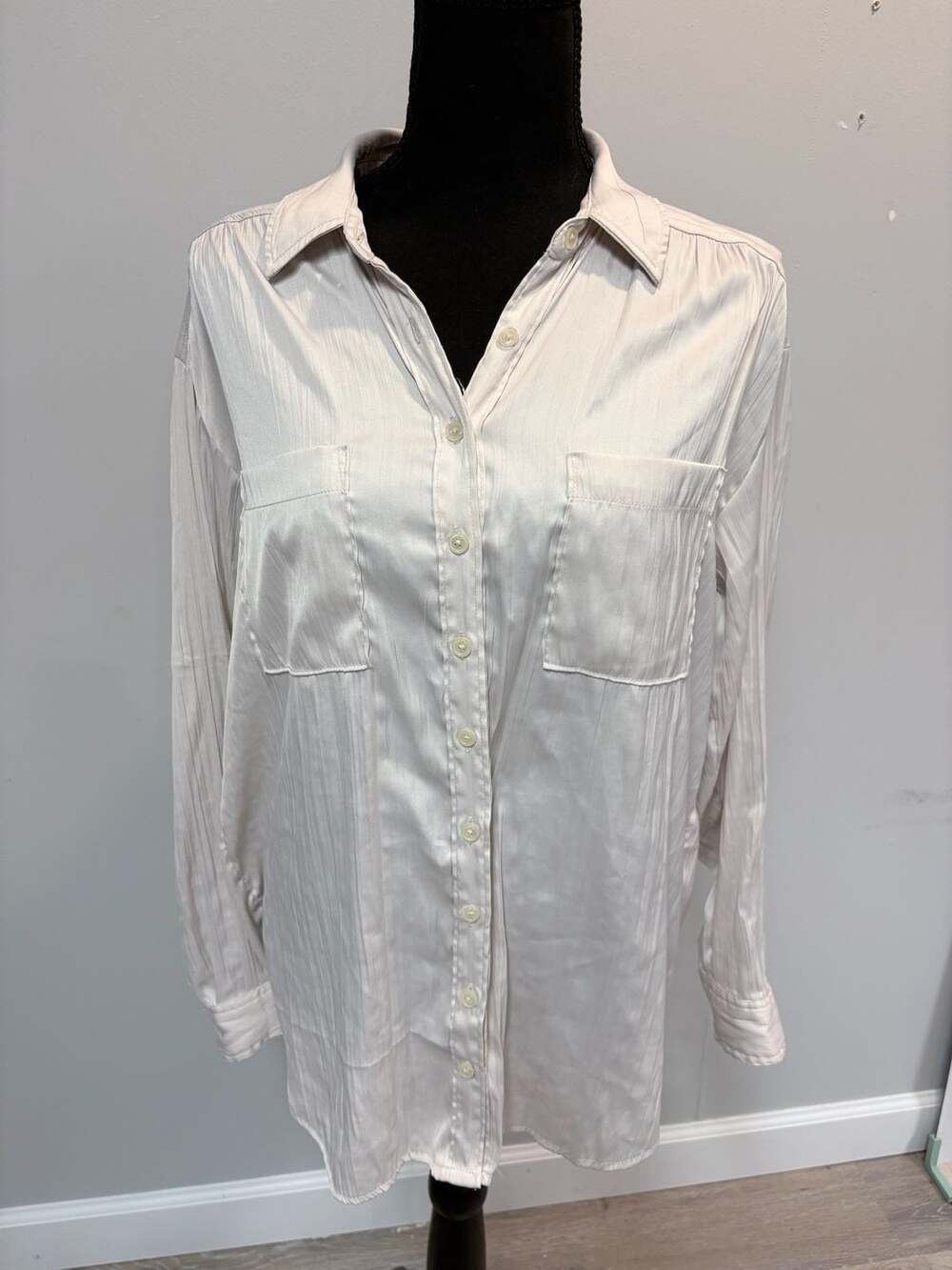 Anthropologie Textured Crinkle Satin Button Down Shirt Size M Champagne